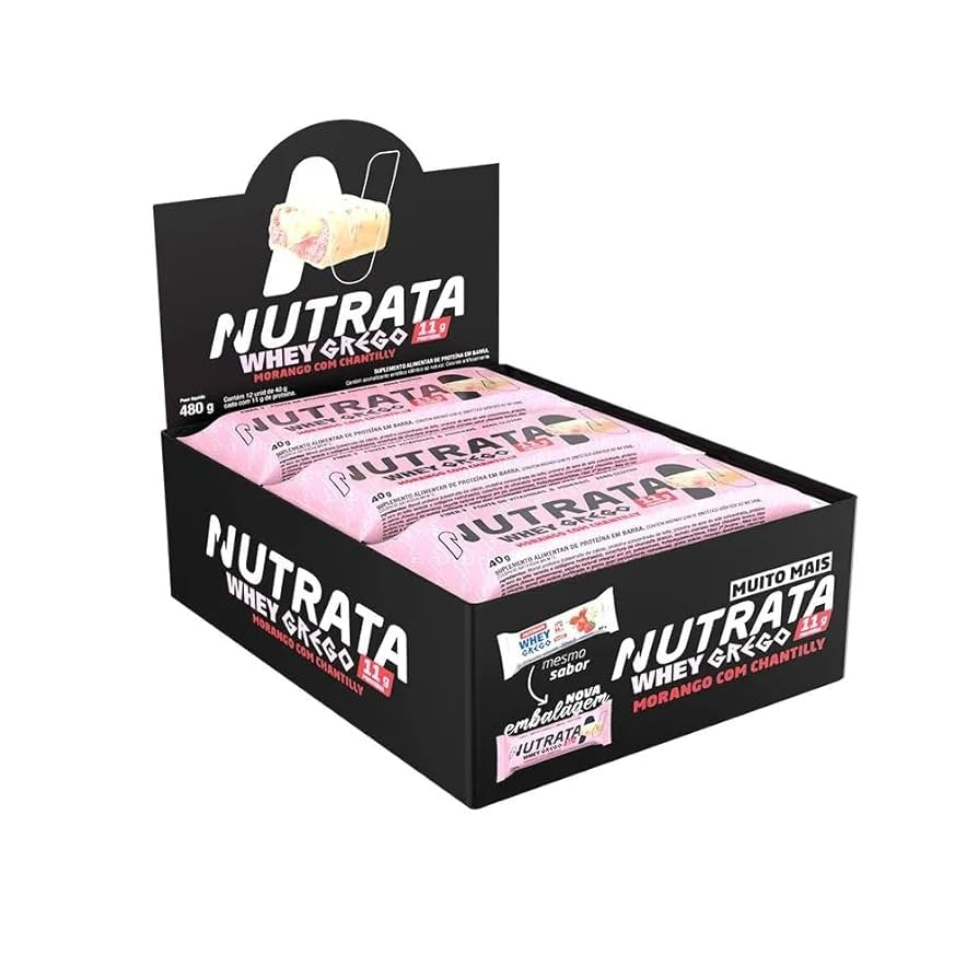 Whey Grego Bar Caixa com 12 Unidades (480g) - Morango com Chantilly