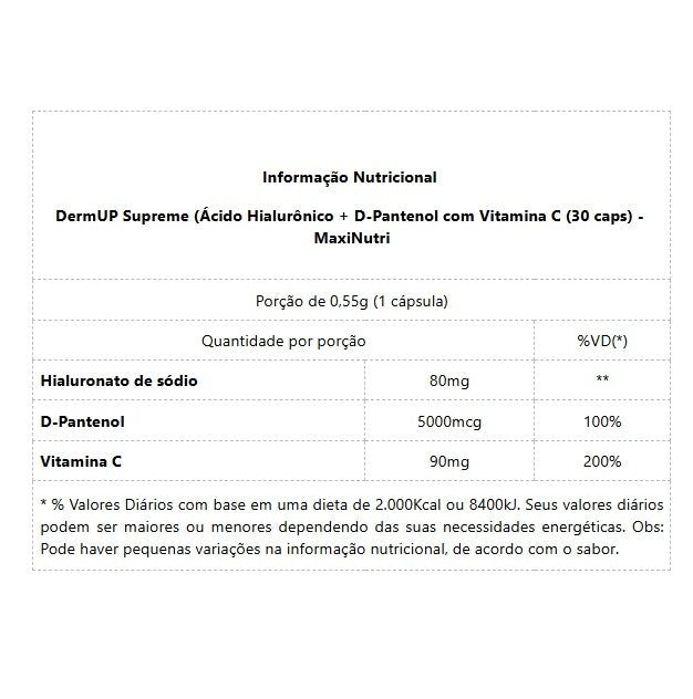 DermUP Supreme - Ácido Hialurônico / D-Pantenol / Vitamina C (30 caps)