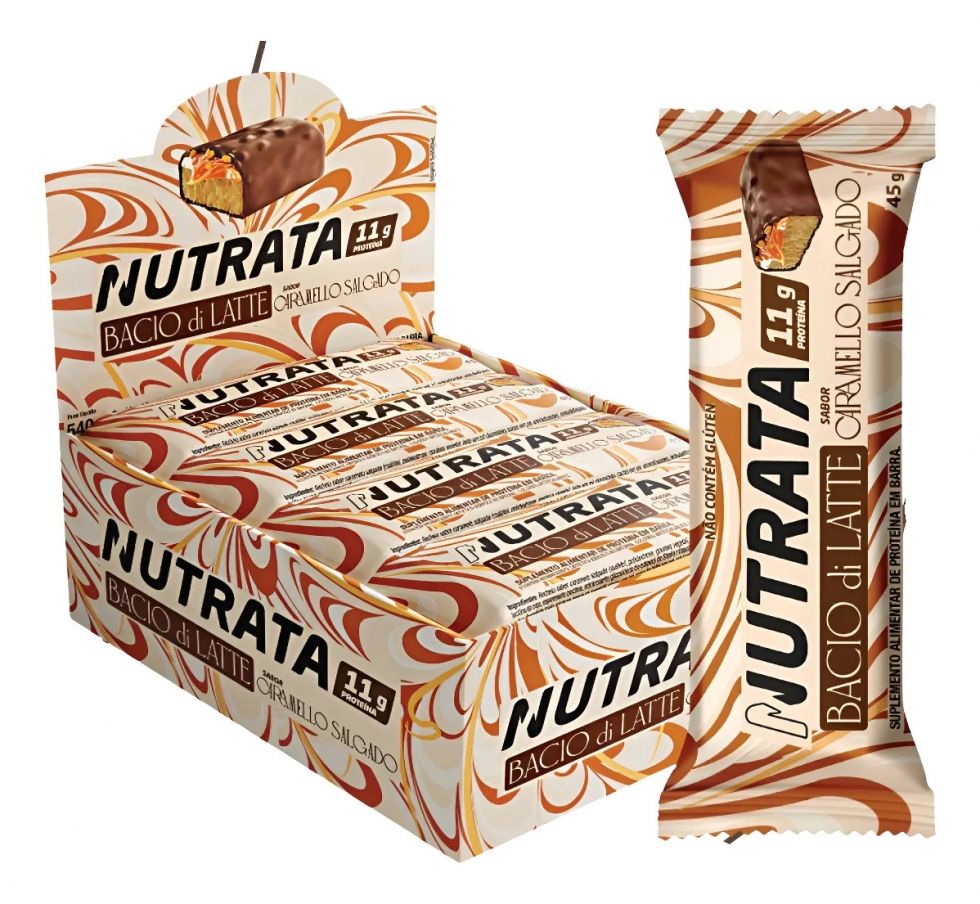 Barra Proteica Nutrata Bacio Di Latte Caixa com 12 Unidades (480g) - Caramello Salgado (540g)