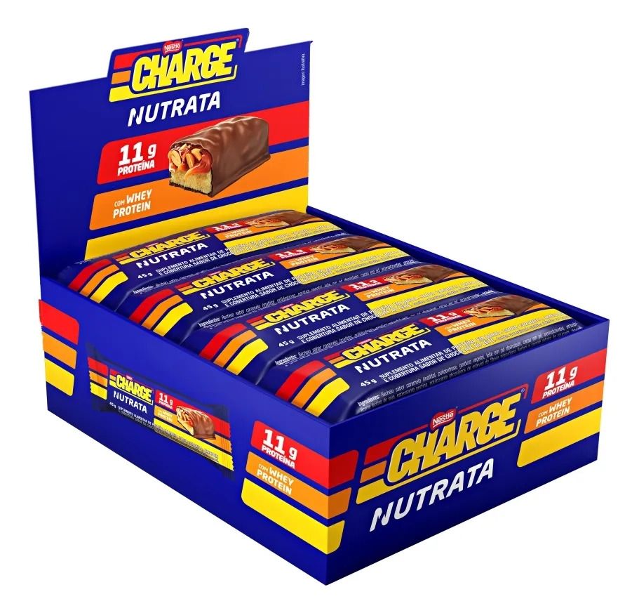 Barra Proteica Nutrata Charge Bar Caixa com 12 Unidades (540g) - Caramelo, Amendoim e Chocolate ao Leite