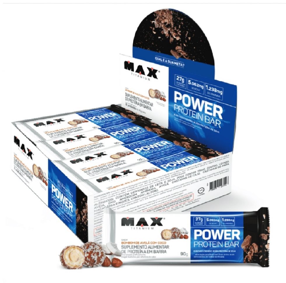 Power Protein Bar Caixa com 8 Unidades (720g) - Bombom de Avelã c/ Coco